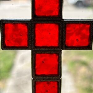 Red Stained Glass Cross pendant, 3 inches tall with a bale